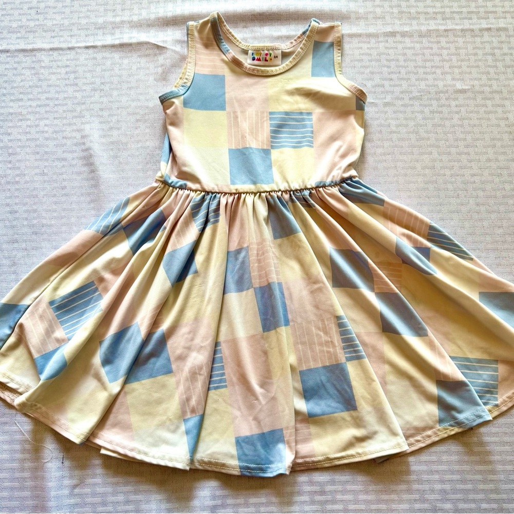 DotDot Smile Patchwork Twirl Dress Girls Size 3/4 Blue Yellow Boutique